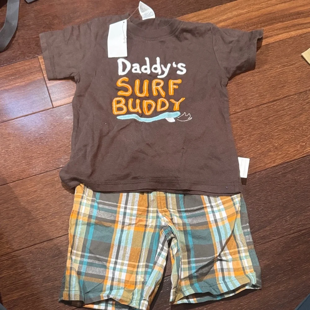 Gymboree Brown 'Daddy's Surf Buddy' T-Shirt and Plaid Shorts Set nwt size 2t